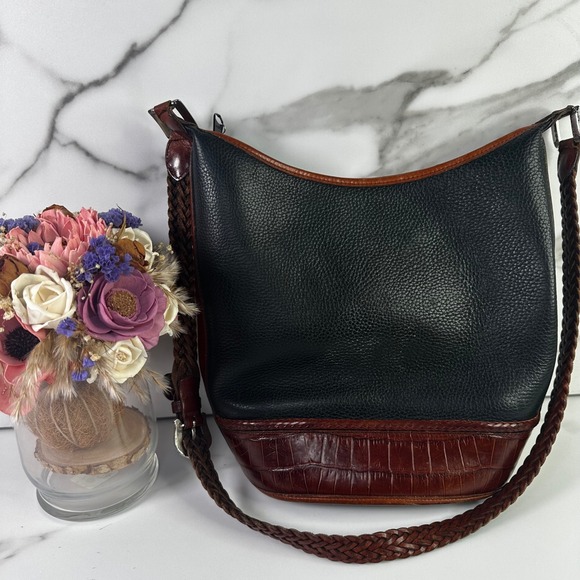 Brighton Black Leather Croc Trim Braided Strap Shoulder‎ Bucket Handbag Purse - Picture 2 of 13